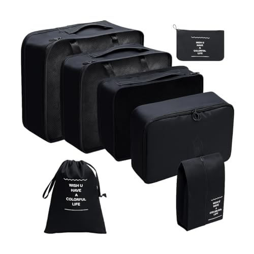 Organizador Viagem Kit 7 Peças - Necessaire para Bagagem Malas Roupas Bolsa Cosméticos Higiene - Dobrável Impermeável Multiuso Feminina Masculina Unissex Grande Compacto Prático (PRETO)