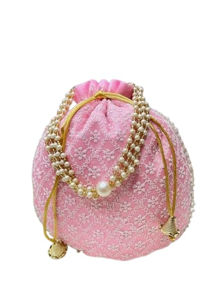 Elegant Lucknowi Chikankari Potli Bag for Women & Girls – Pearl Handle Ethnic Drawstring Pouch for Wedding, Festive Gifting, Party & Return Gifts – Handmade Self Embroidered Bridal Purse-image-17