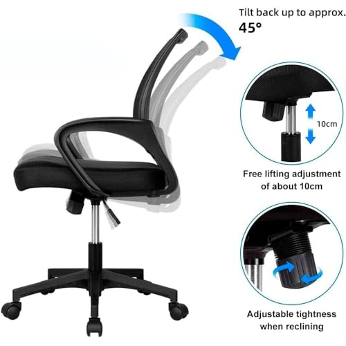 Ergonomic Black Office Chair: Adjustable, Comfortable, Stylish Office Computer Desk Chair, Ergonomic Backrest with Lumbar Support and Wheels, Adjustable Swivel Rolling Home Seat