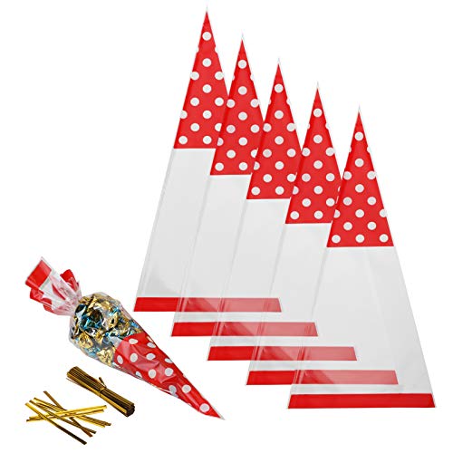 Candy Bags,MEZOOM 100 Pcs Cellophane Cone Treat Party Bags with Gold Twist Ties for Christmas Wedding Cookie Gift Candy Buffet Supply (Red)