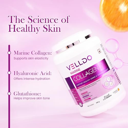 Image of Leeford Velldo Marine Collagen Supplement with Vitamin C & E for Men and Women, for Healthy Skin, Hair, Nails, Bones & Joints | Orange Flavour, Sugar Free & Gluten-free 200 g