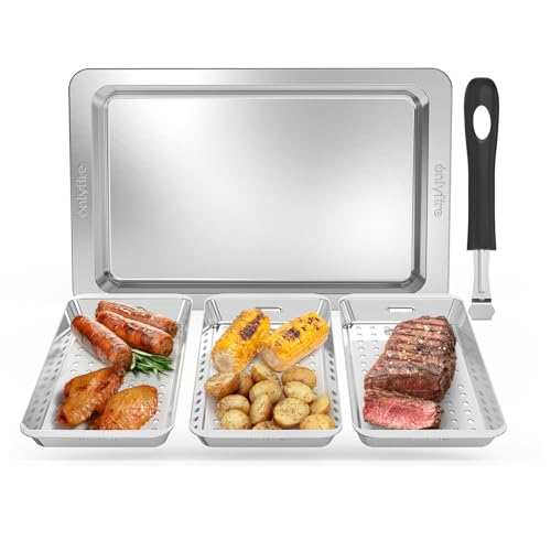 onlyfire Grillkorb Set, Grillpfännchen für Gasgrill, Enthält 3 Edelstahl Grillkörbe mit Löchern, 1 Serviertablett und Hebegriff, BBQ Grillschalen, Gemüsekorb, Gemüse für Gemüse, Fleisch, Brot