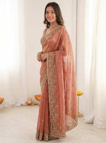 Image of ORHANS Women's Tissue Silk Ethnic Motifs Embroidered Tissue Heavy Work Saree with Embroidered With Unstitched Blouse Piece Blouse Piece | Beautiful Saree for Women | Traditional Indian Sari