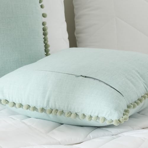 Image of 100% Cotton Pom Pom Cushion Without Filler, Elegant & Modern Cushion Cover for Living Room, Square Shape, 20 inchx20 inch, uni Chambray, Set of 3 - Celadon Green