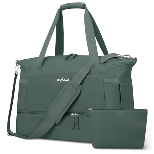 Image of Gym Bag for Women, Travel Duffel Bag with Shoes Compartment, Weekender Bag, Dark Green, Medium, Gym Bag With Usb Charging Port