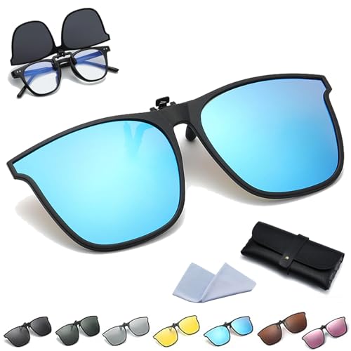 Interferek New Polarized Clip-On Flip Up Sunglasses, Up Sunglasses Over Prescription and Reading Glasses Frames (Ice Blue Film)
