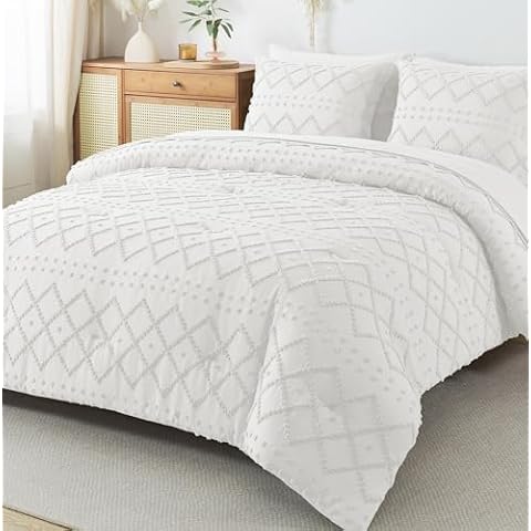 HYLEORY Full Comforters Set with Sheets White - 7 Pieces Bed in a Bag Queen Chevron Tufted Complete Beddding Sets with Comforter, Sheets, Pillowcases & Shams Cover