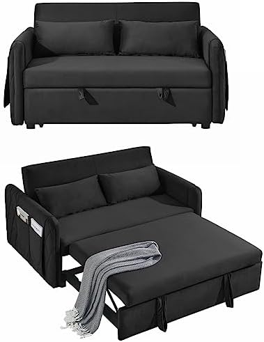 Ucloveria Convertible Sleeper Sofa Bed, Pull Out Couch Bed with 2 Detachable Arm Pockets, Adjustable Velvet Loveseat Futon Sofa Couch for Living Room Bedroom, 55" 2-Seater Lounge Sofa,Black