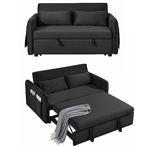 Ucloveria Convertible Sleeper Sofa Bed, Pull Out Couch Bed With 2 Detachable Arm Pockets, Adjustable Velvet Loveseat Futon Sofa Couch For Living Room Bedroom, 55" 2-Seater Lounge Sofa,Black #TOP2