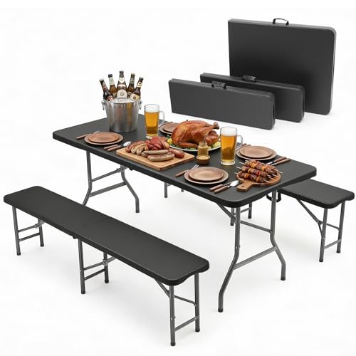 Sekey Bierzeltgarnitur Klappbar Kunststoff | Tisch + 2 x Bierbank mit Tragegriffe Gartenmöbel Set | 180cm Festzeltgarnitur für drinnen - draußen | Biertisch Set Garten (Schwarz)