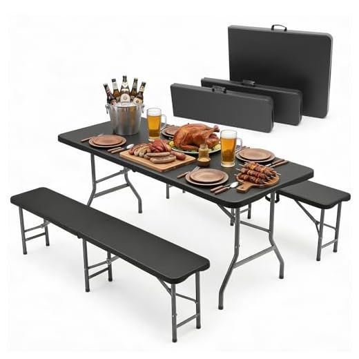 Sekey Bierzeltgarnitur Klappbar Kunststoff | Tisch + 2 x Bierbank mit Tragegriffe Gartenmöbel Set | 180cm Festzeltgarnitur für drinnen - draußen | Biertisch Set Garten (Schwarz)