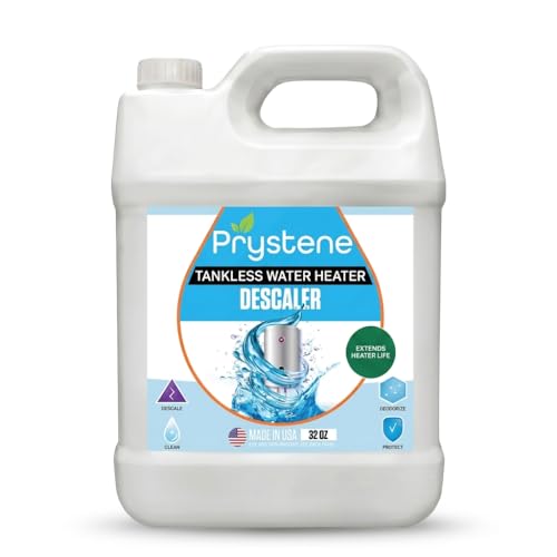 Prystene Tankless Water Heater Descaler Liquid 32 oz — Removes Limescale and Restores Hot Water Pressure and Heating Efficiency — Food Grade Citric and Lactic Acid — Made in USA