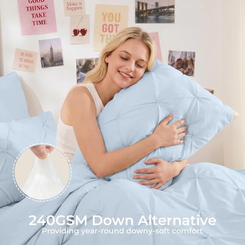 Image of Sasttie Twin Comforter Set, 5-Piece Bed in a Bag, Pintuck Bedding Sets for All Season, Includes Comforter, Flat Sheet, Fitted Sheet, Pillowcase and Pillowsham, Light Blue