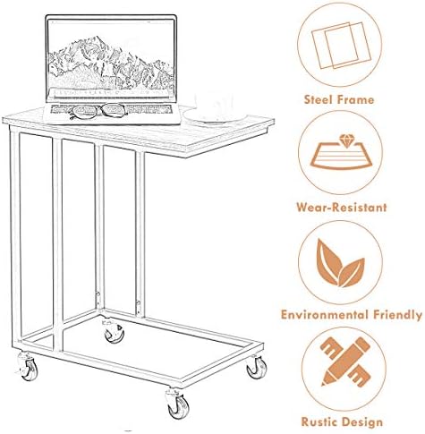 CASART Sofa Side Table, Height Adjustable Industrial Rolling Laptop Desk with 360° Wheels, Home Office C-Shaped Mobile Snack Coffee Tea Tables for Living Room, Bedroom, Study (no Tilting Top)