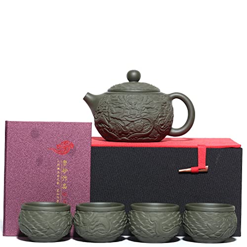 YlobdolY Ceramic Teapot Set - Chinese Yixing Zisha Tea Set Handmade Purple Clay Cloud Dragon Relief Xishi Tea Pot with Cups and Gift Box for Dad Grandpa Husband Tea Lovers,Green