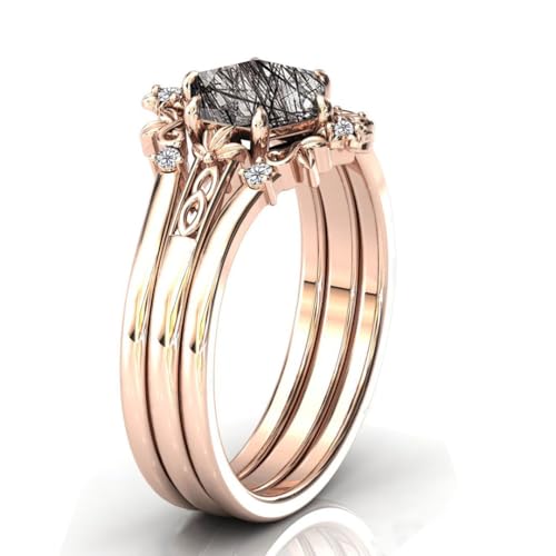 Natural Hexagon Black Rutilated Quartz Engagement Ring Set 925 Sterling Silver Rings for Her with Free Engraving Jewelry Gift for Women Black Rutilated Quartz Vintage Ring Set Size 4-15 -84