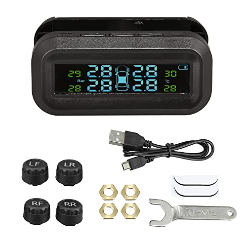X AUTOHAUX Tire Pressure Monitoring System TPMS Universal Wireless Solar Charger Monitor 5 Alarm Modes LCD Real Time Display with 4 External Sensors Smart Car Tire Monitor for Car RV SUV MPV