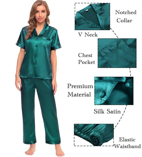 Image of SWOMOG Womens Silk Satin Pajamas Sets 4pcs Sleepwear Sexy Cami Shorts Set and Button Down Short Sleeve Pjs Loungewear