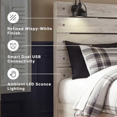 Image of Signature Design by Ashley Cambeck King Panel Bed, Built-in Lights and USB Ports, Rustic Farmhouse Design, King Size Bed Frame with Headboard, Whitewash