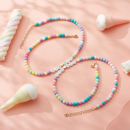 Image of Big Middle Little Sister Mom 2 Daughters Heart Colorful Beaded Necklaces | 3Pcs matching sister pendant set, meaningful friendship & family jewelry, ideal gift for BFF, sisters, mom & daughter