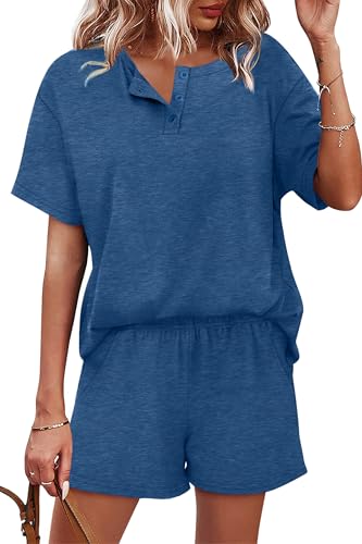 WIHOLL 2 Piece Sets for Women Lounge Sets Summer Outfits 2026 Button Down Short Sleeve Tops and Shorts Set with Pockets