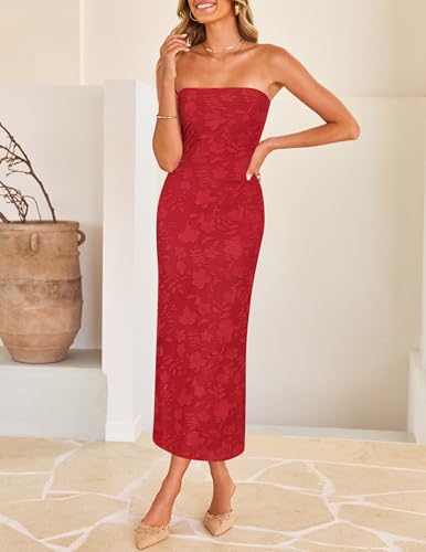 Image of ZESICA Women's 2026 Summer Floral Strapless Bodycon Midi Dress Off Shoulder Beach Formal Cocktail Wedding Guest Long Dresses