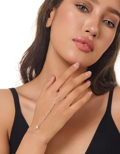 Gold Bracelets for Women 14K Gold Plated Hand Chain Bracelet Dainty Trendy Ring Chain Bracelet Charm Link Adjustable Cubic Zirconia Hand Bracelets Jewelry Gifts for Women