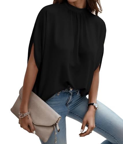 Womens Blouses Dressy Casual Mock Neck Batwing Sleeve Tops Loose Fit Tie Back Summer Tunic Tops2