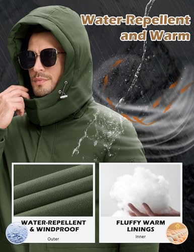Image of Men's Winter Long Puffer Jackets, Water-Repellent Down Parka Warm Coats Outerwear with Detachable Hood & Carry Straps