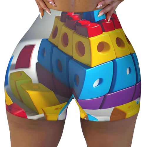 Colorful Building Blocks Pattern Sports Shorts, high Elastic Slim Fitness Pants, Suitable for Yoga/Leisure/Daily wear