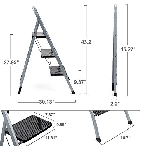 Delxo 3 Step Ladder Folding Step Stool Ladder with Handgrip Anti-Slip Sturdy and Wide Pedal 300lbs Multi-Use for Household and Office Portable Step Stool Steel 3 Step Stool Gray and Black Combo
