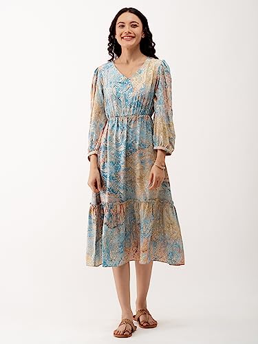 Image of AASK Abstract Printed Puff Sleeve Gathered Detailed Fit Flare Dress