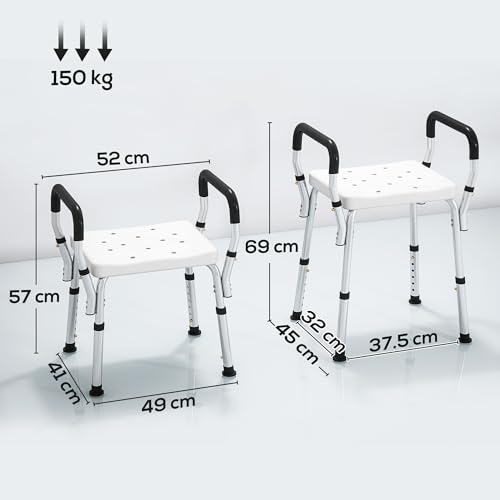 Homcom Portable Shower Stool, Non-Slip Shower Chair With Adjustable Height, Rust-Free Aluminium Bath Chair For Elderly, Disabled, White - 7