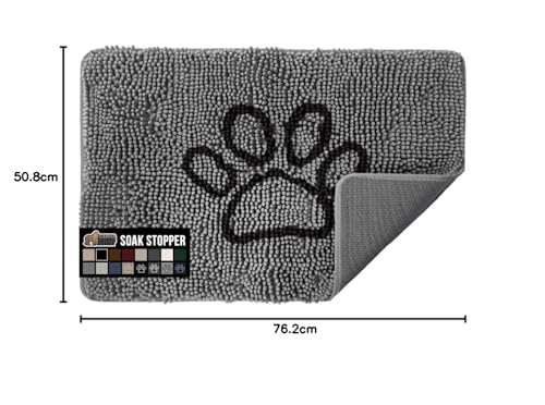 Image of GORILLA GRIP SoakSTOPPER Dog Door Mat, 30x20 Machine Washable Rug Absorbent Doormat Captures Moisture Mud Dirt, Quick Dry Soft Chenille Entryway Rugs Indoor Entrance Mats for Dog Paws, Paw Grey