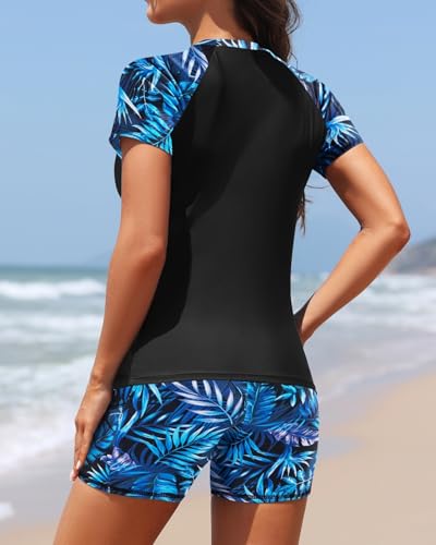 Image of Daci Short Sleeve Rash Guard 2 Piece Swimsuits with Bord Shorts | Sun Protection,Two Pockets,Clolor Block,High Waisted Short,High Neck,Quick Dry