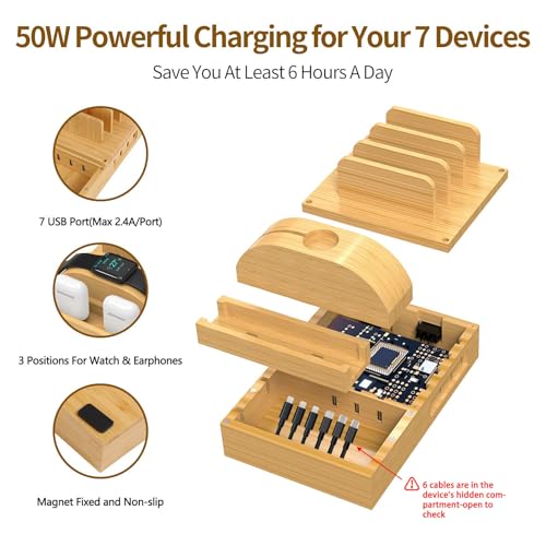 Bamboo Charging Station for Multiple Devices, Alltripal Wood Desktop Docking Station 7-Port Multi-Charger Organizer Fast USB Charger Compatible with iPhone, iPad, AirPods, iWatch, Cell Phone, Tablet
