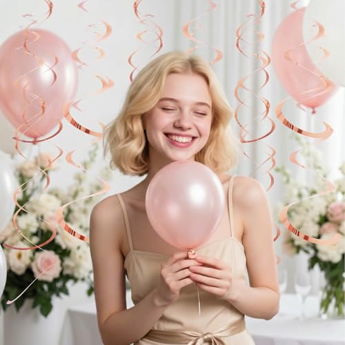 Image of Party Swirl Decorations Hot Pink Shinny Foil Hanging Swirl Decorations Plastic Streamer for Ceiling Plastic Streamer for Party Decorations Metallic Hanging Swirl Pack of 30 (Rose Gold)