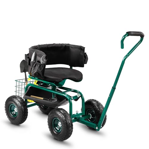 Outvita Rolling Garden Seat with Wheels, Gardening Stool with Height Adjustable 360 Degree Swivel Seat, Ergonomic Backrest, Tool Tray & Storage Basket, Outdoor Gardening Scooter Cart for Patio, Green