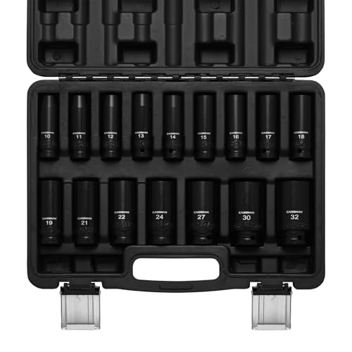 CASOMAN 16 PCS 1/2-Inch Drive Metric Impact Socket Set, 10 to 32mm, 6-Point Deep Impact Sockets, CR-V