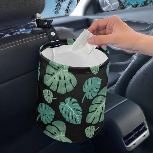 Image of Tropical Palm Leaves Car Trash Can Collapsible Back Seat, Front Console, Floor, or Hanging Headrest Waste Basket - Car Garbage Accessory Portable Car Trash Can Car Decoration