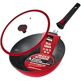 STONELINE Imagination PLUS Wok 30 cm, Manico Removibile, Coperchio, Padella Grande a Bordi Alti, Rivestimento Antiaderente con Vere Particelle di Pietra, a Induzione, Tutti i Piani Cottura, Rosso