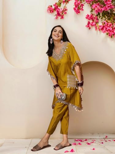 Image of ishin Women Mustard Embellished Zari Work Kaftan with Solid Pants