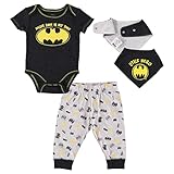 DC Comics Batman Baby Boys Onepiece Bodysuit Jogger Pants and Baby Bandana Accessory Set, Black/Yellow/Grey, 0-3 Months