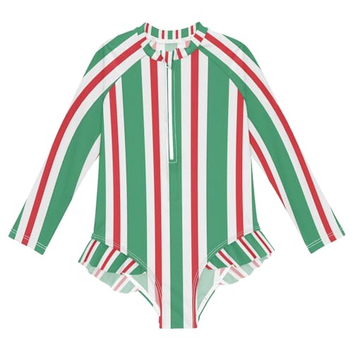 Girls One Piece Swimsuits Long Sleeve Swimsuit Zipper Bathing Suits Green Red White Stripe