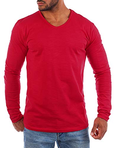 Young & Rich YR-2240 - Camiseta básica de manga larga con cuello en V profundo y cuello en V, estilo vintage con aspecto desgastado rojo L