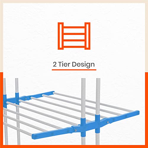Image of Bathla 2 Level Modular Cloth Drying Stand with Wheels - Rustproof Portable Steel Laundry Rack (Blue - Medium) - Clothes Dryer for Balcony, Indoor & Outdoor Use