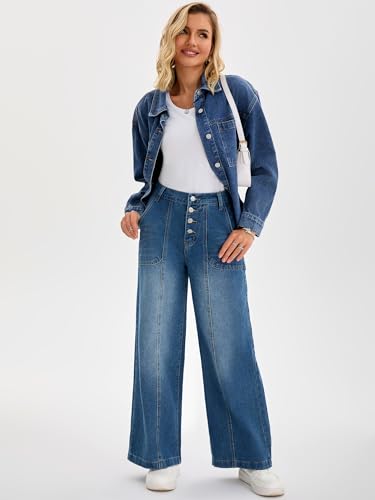 Women's Jeans High Waisted Button Fly Stretchy Straight Loose Denim Wide Leg Pants3