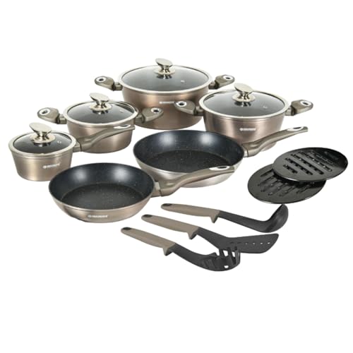 Herzberg - Batterie de Cuisine 15 Pièces, en Aluminium, Revêtement Marbre, Casseroles, Poêles, Couvercles en Verre, Ustensiles, Compatible Induction, Carbone