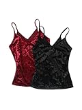 SOLY HUX Women's 2 Piece Velvet Cami Top V Neck Spaghetti Strap Solid Tops Black and Burgundy Large