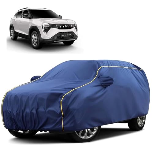 Image of Sulfar 100% Water Resistant Car Body Cover Compatible with Mirror for Mahindra XUV 3XO (Triple Stitched, Full Bottom Elastic, Blue Tafetta with Yellow Piping)